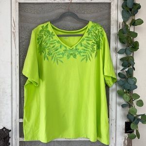 Catherines Green Sparkle Floral Leaf V Neck Tee 2X